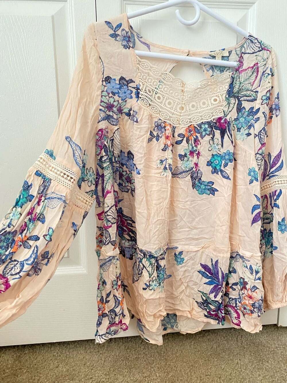 ODDI Pink Floral Boho Lace Inset Long Sleeve Blouse - Picture 3 of 12